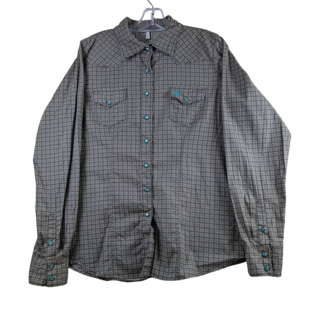 Cinch Brown Turquoise Pearl Snap Rodeo‎ Shirt Womens Large Long Sleeve Geometric
